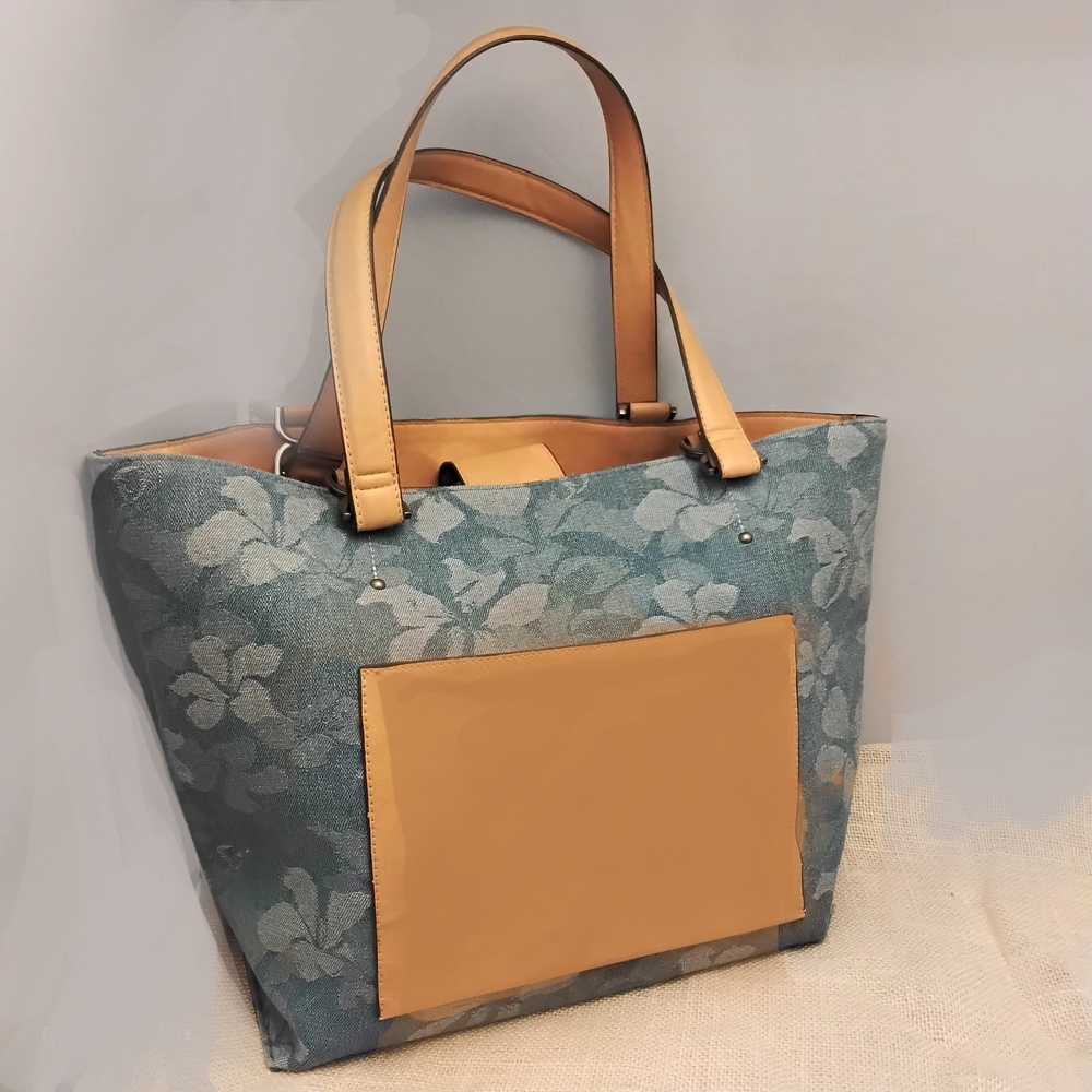Floral Blue and Tan Tote Bag
